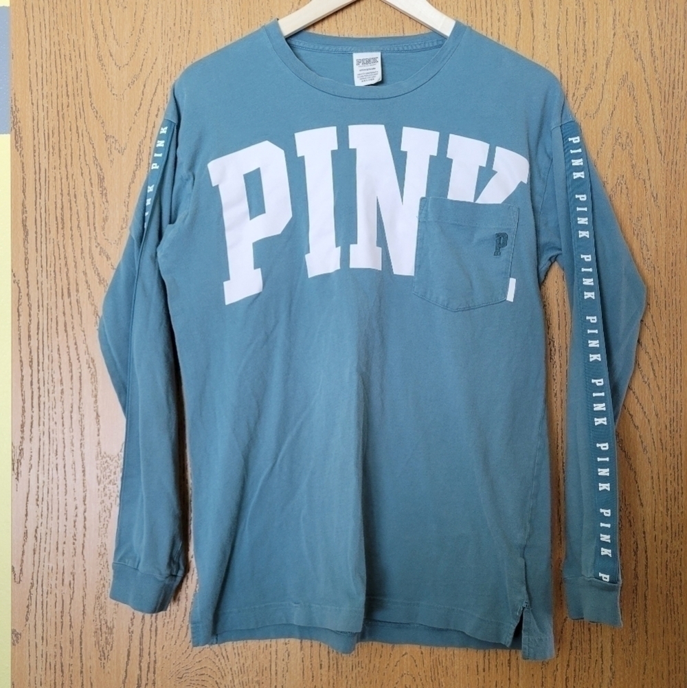 PINK Victoria's Secret logo teal blue long sleeve tshirt w/pocket S